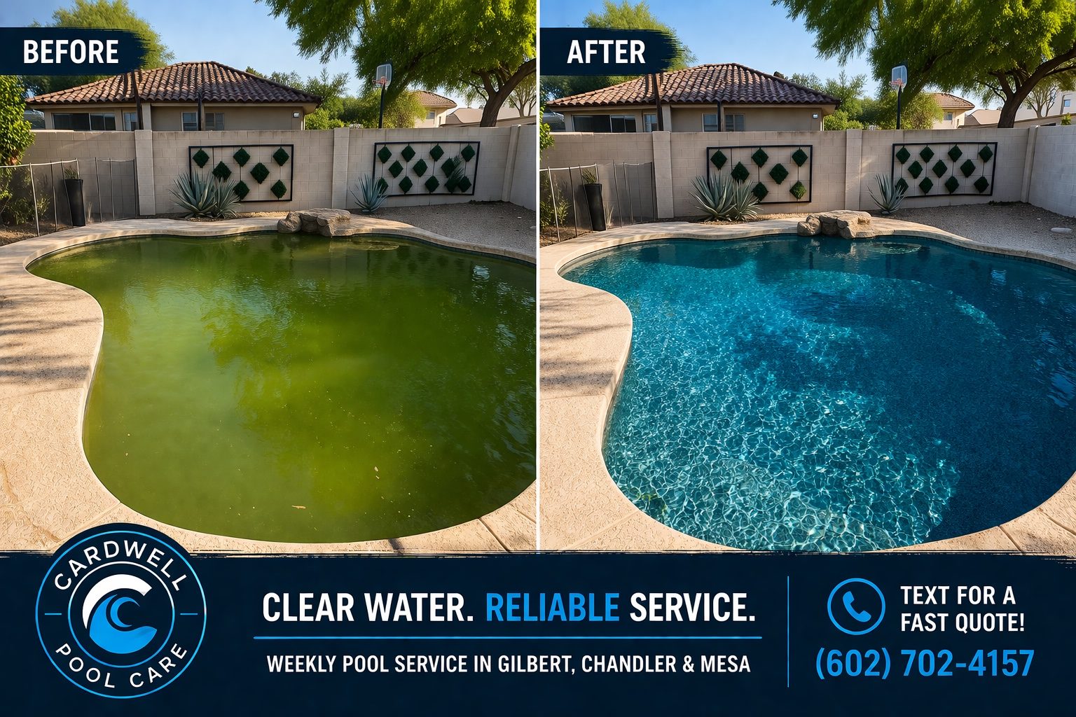 Before and after green pool recovery by Cardwell Pool Care